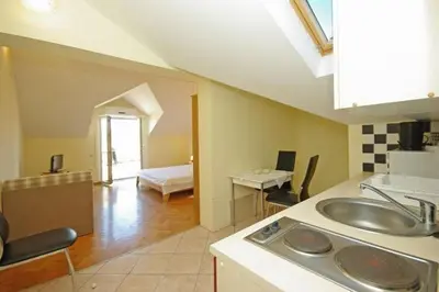 Kuhinja ili čajna kuhinja u objektu Apartments Villa Rose - Economy Studio with Sea View and shared Terrace A3 crveni