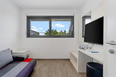 TV i/ili zabavni centar u objektu Luxury, seafront Villa Petra with heated pool only 50m from beach