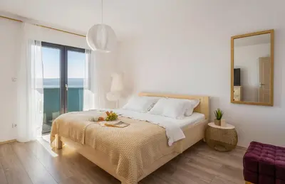 Krevet ili kreveti u jedinici u objektu Villa Allegra with 32msq heated pool, 300m far from sandy beaches, open sea view